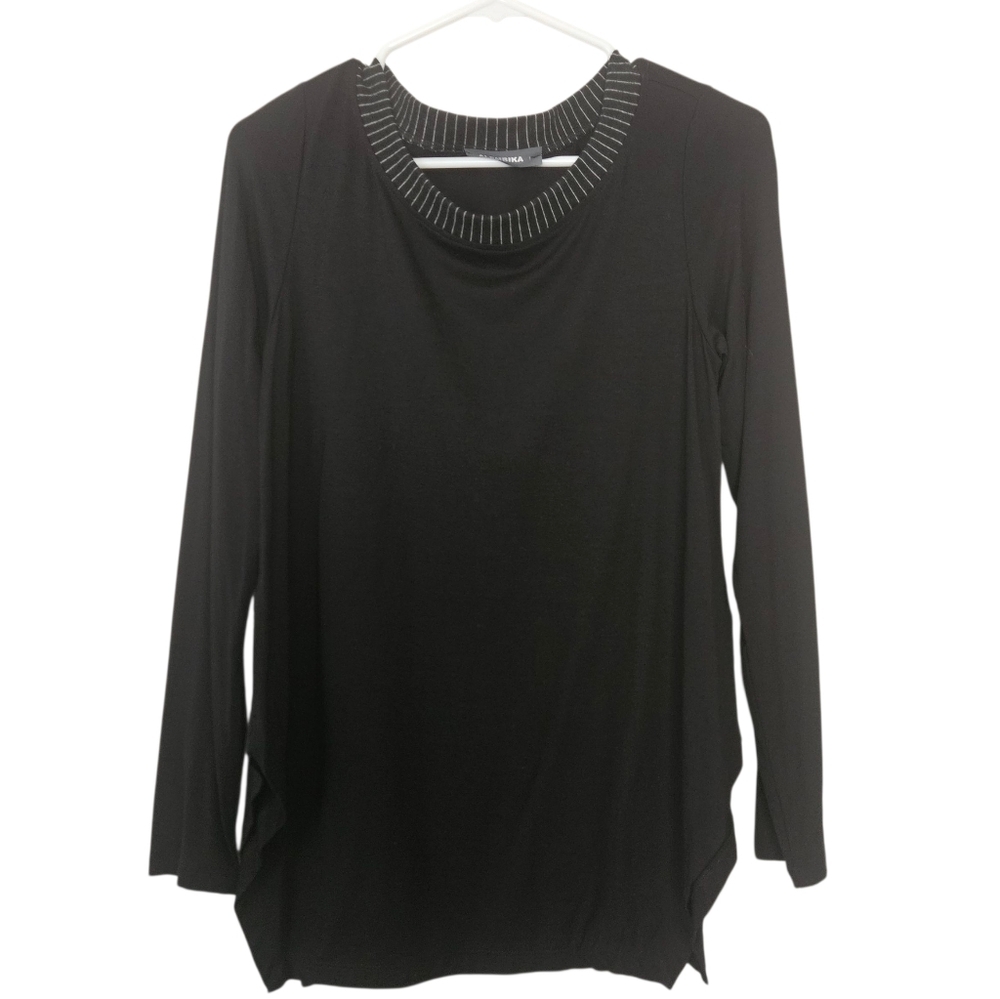 Alembika Black Grey Pinstripe Trim Crewneck Jersey Knit Pullover Tunic Top 1 S